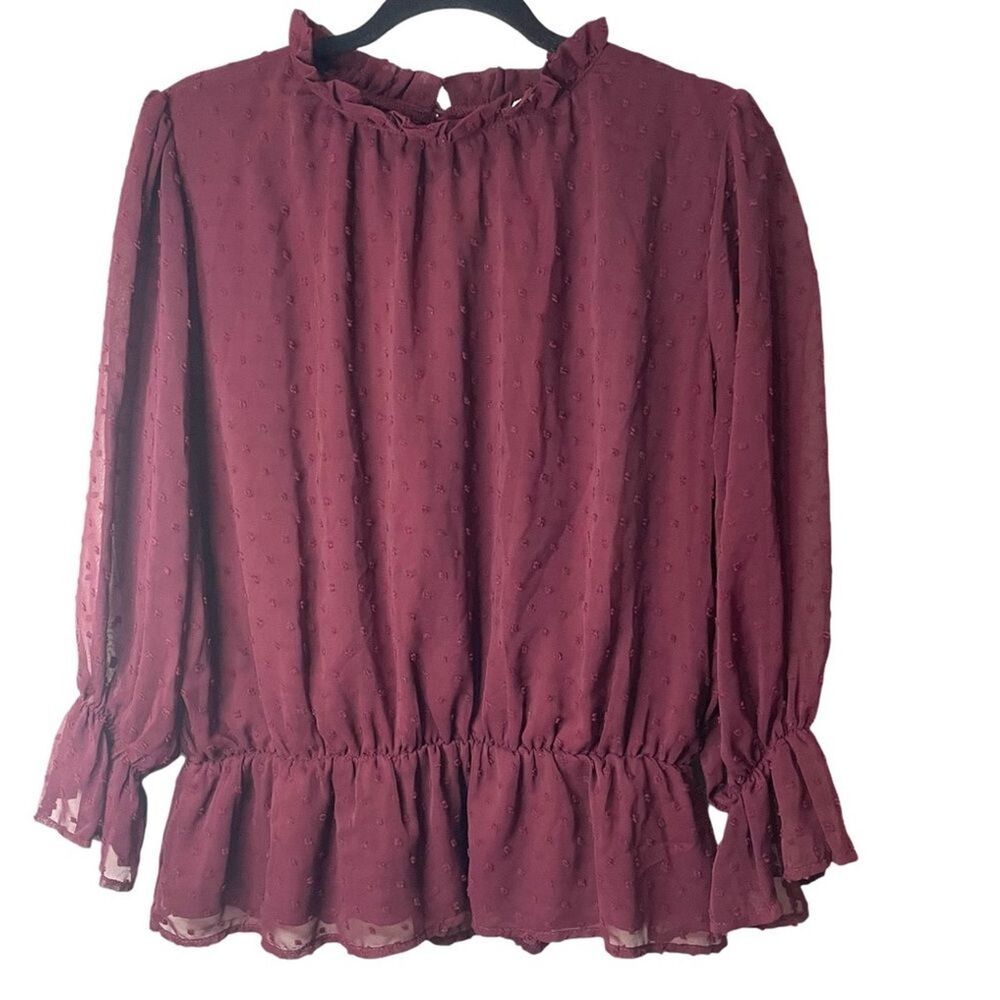 Mi Ami Burgundy Blouse Top Shirt Long Puff Sleeves SZ L  EUC